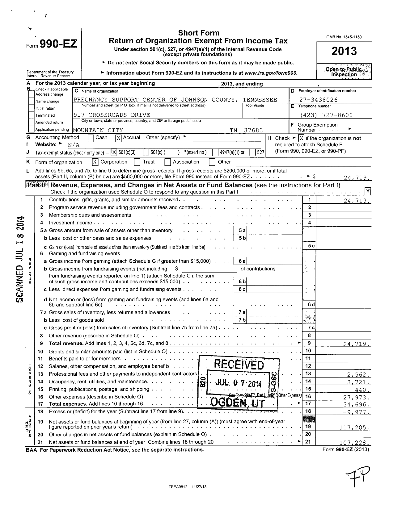 Image of first page of 2013 Form 990EZ for Pregnancy Support Center of Johnson County