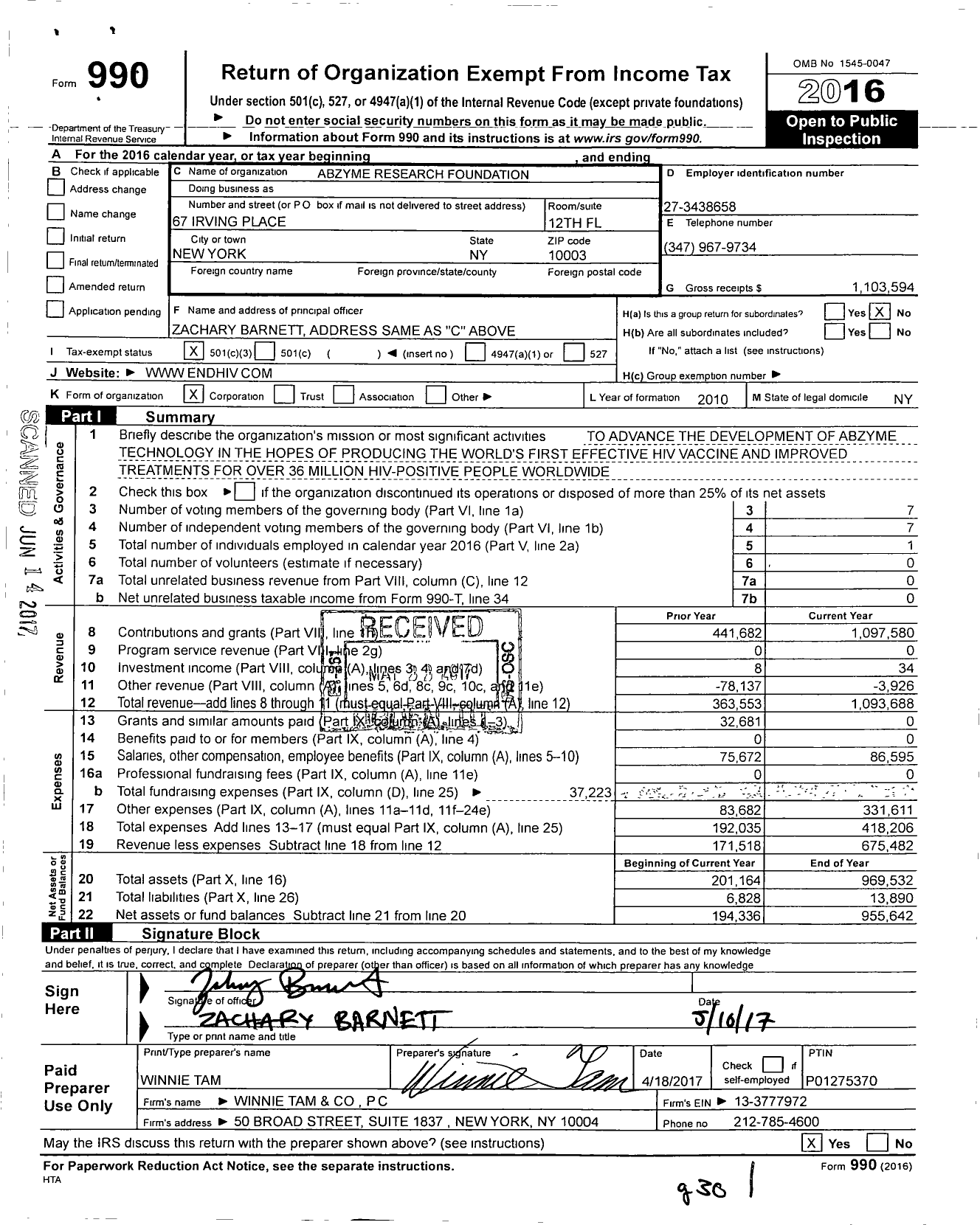 Image of first page of 2016 Form 990 for Abzyme Research Foundation