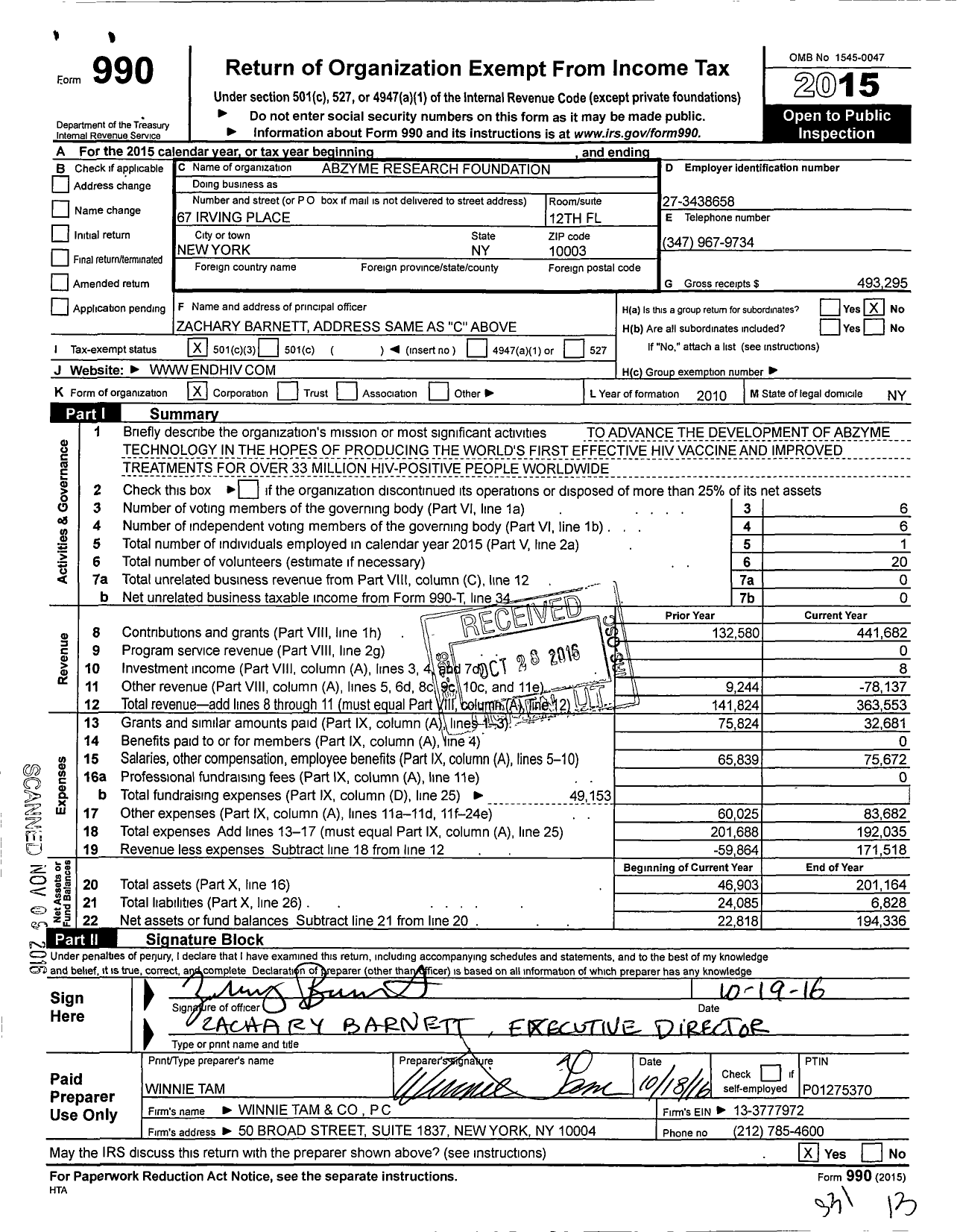 Image of first page of 2015 Form 990 for Abzyme Research Foundation