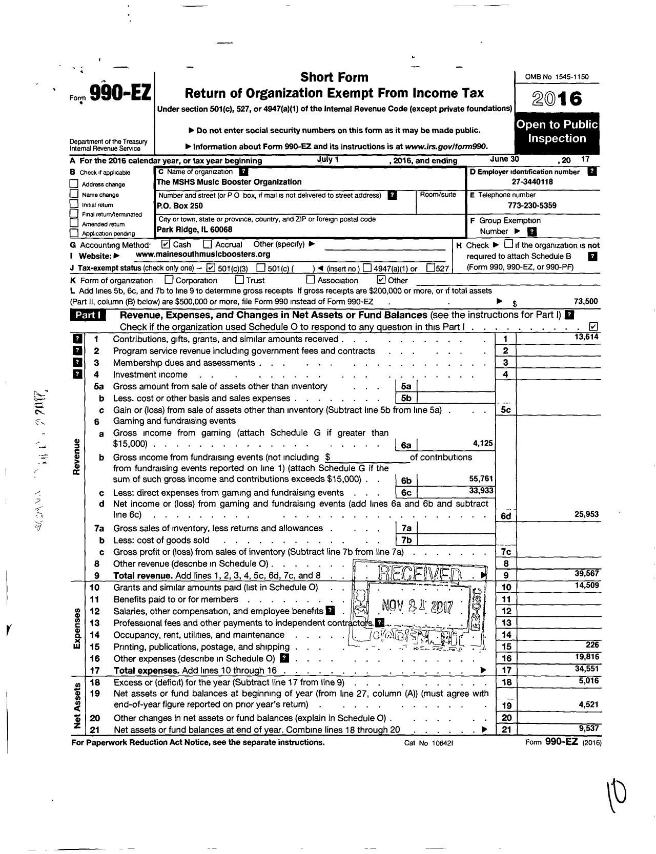 Image of first page of 2016 Form 990EZ for Parent Booster USA / The MSHS Music Booster Organization