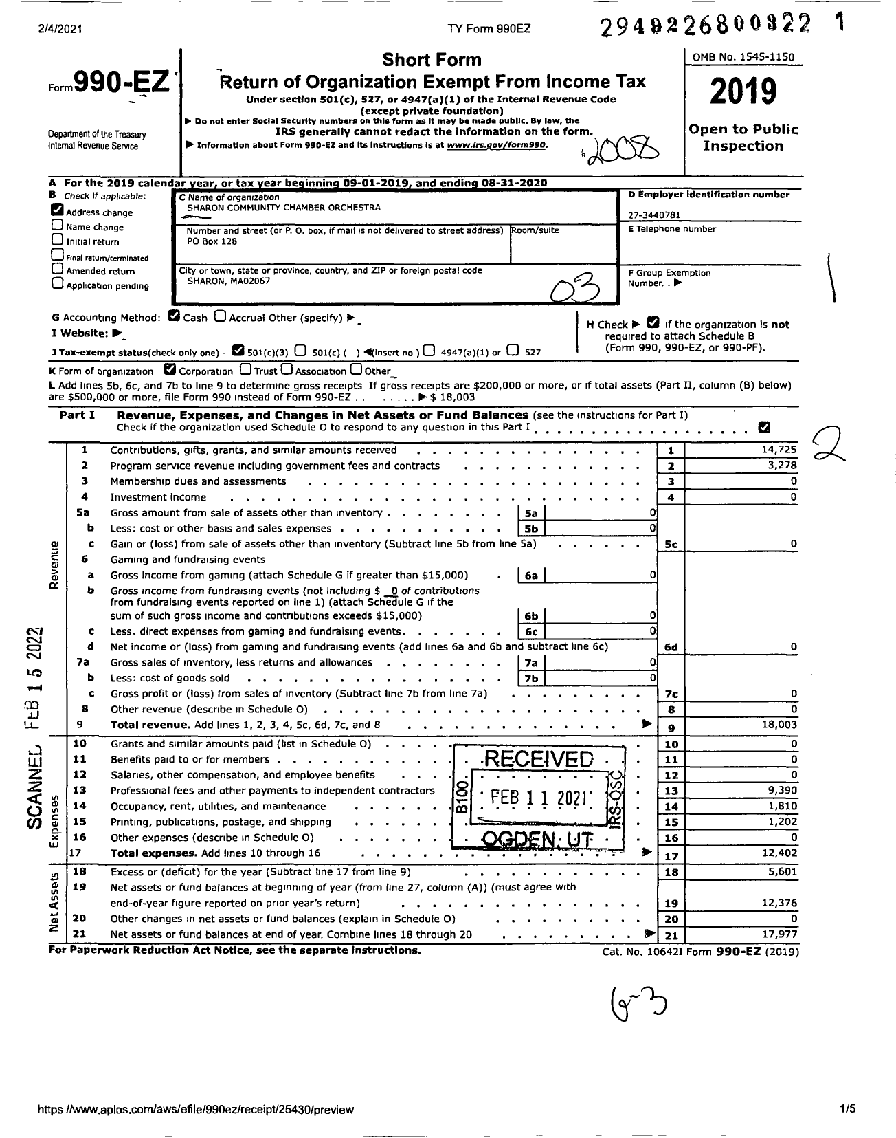 Image of first page of 2019 Form 990EZ for Sharon Community Chamber Orchestra