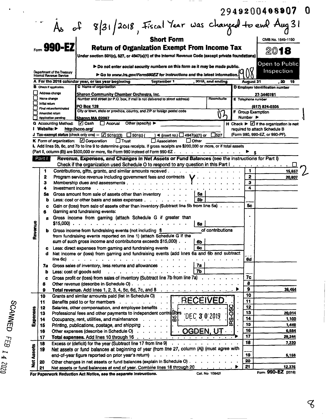 Image of first page of 2018 Form 990EZ for Sharon Community Chamber Orchestra