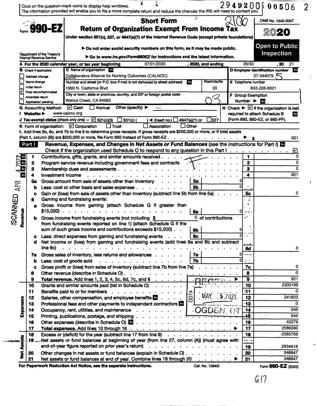 Image of first page of 2020 Form 990EZ for Collaborative Alliance for Nursing Outcomes (CALNOC)