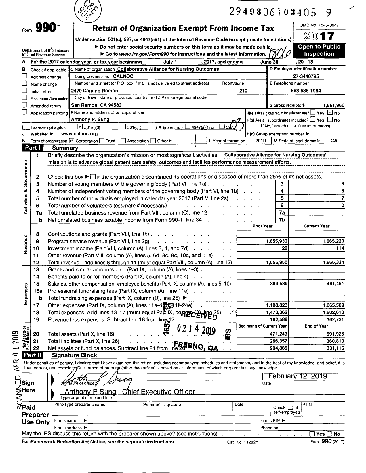 Image of first page of 2017 Form 990 for Collaborative Alliance for Nursing Outcomes (CALNOC)