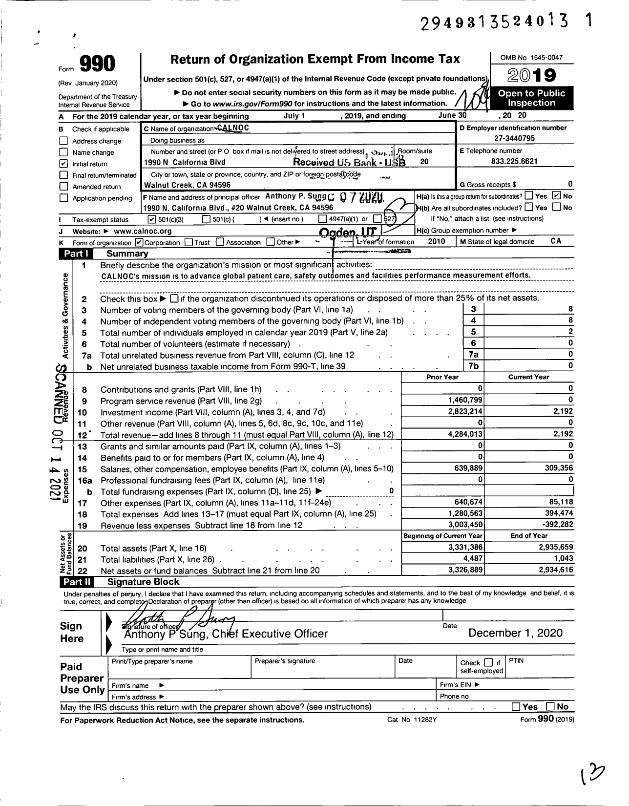 Image of first page of 2019 Form 990 for Collaborative Alliance for Nursing Outcomes (CALNOC)