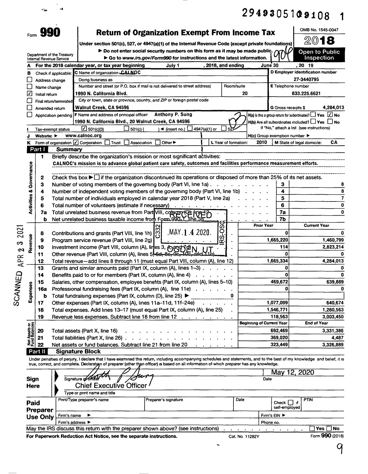 Image of first page of 2018 Form 990 for Collaborative Alliance for Nursing Outcomes (CALNOC)