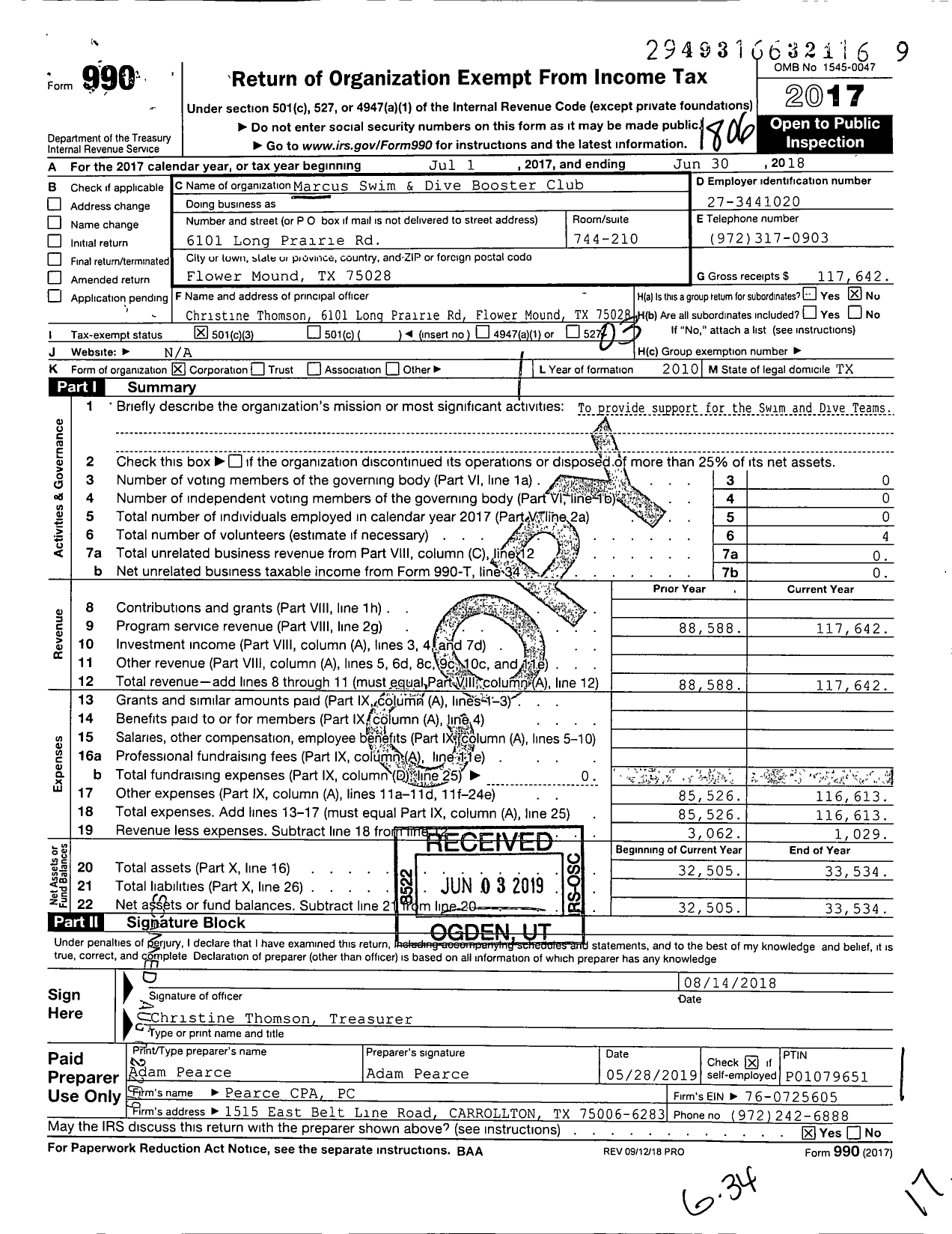 Image of first page of 2017 Form 990 for Marcus Swim and Dive Booster Club