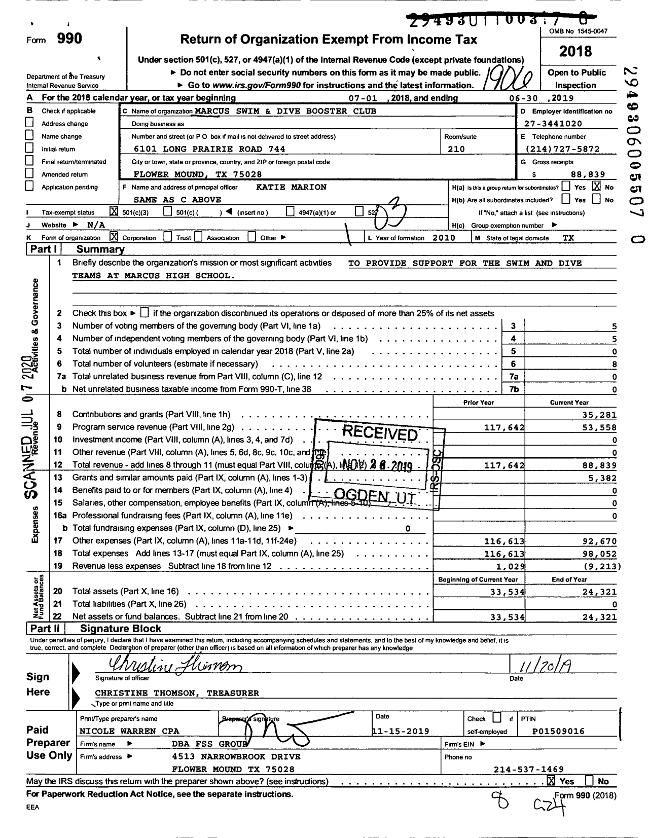 Image of first page of 2018 Form 990 for Marcus Swim and Dive Booster Club