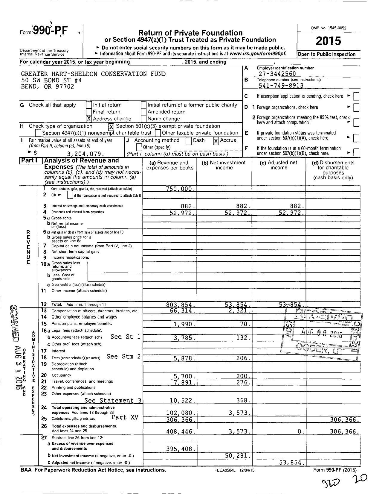 Image of first page of 2015 Form 990PF for Greater Hart-Sheldon Conservation Fund