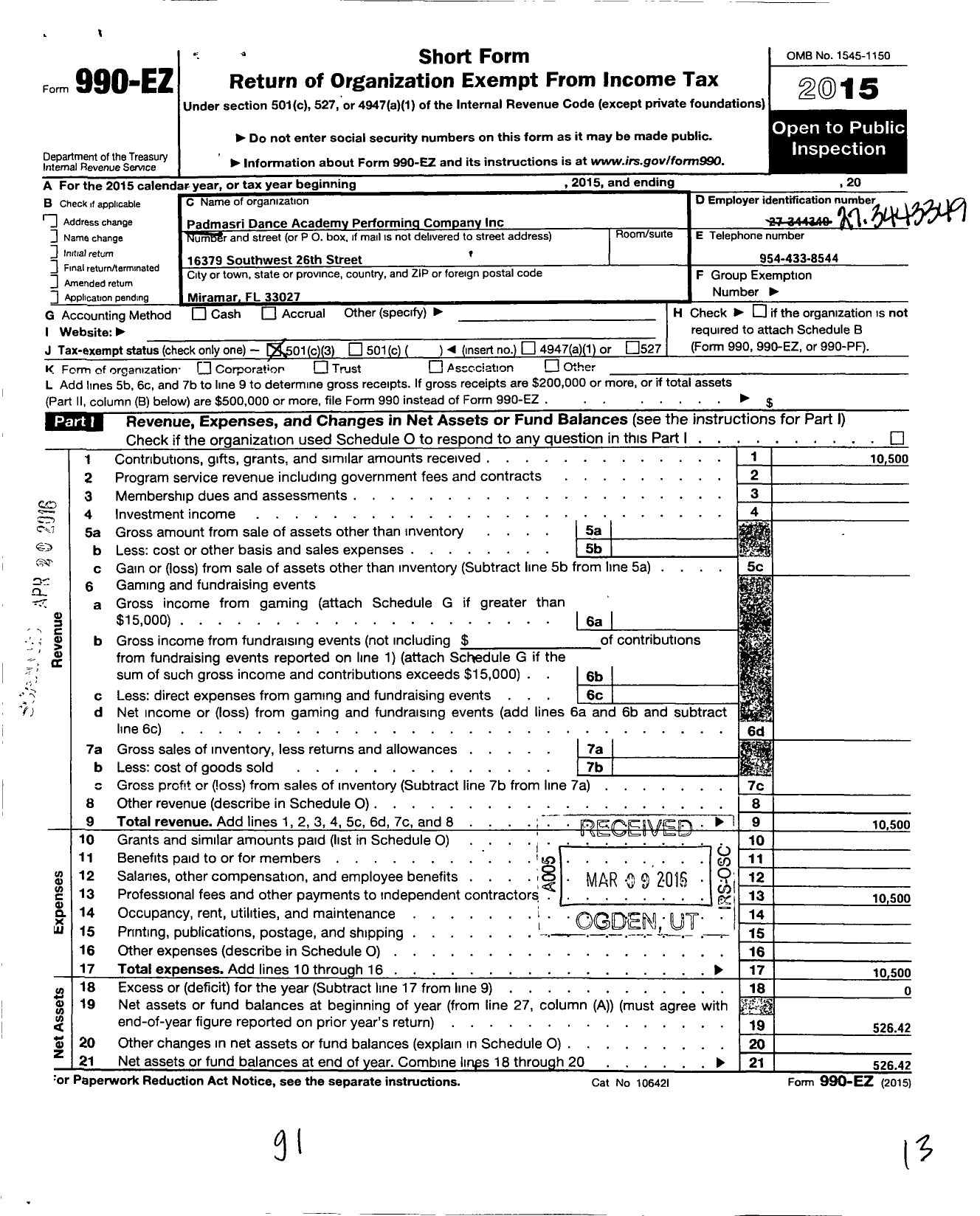 Image of first page of 2015 Form 990EZ for Padmasri Dance Academy Performing Company