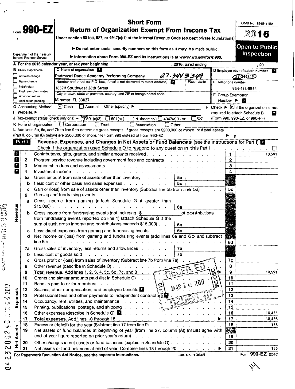 Image of first page of 2016 Form 990EZ for Padmasri Dance Academy Performing Company