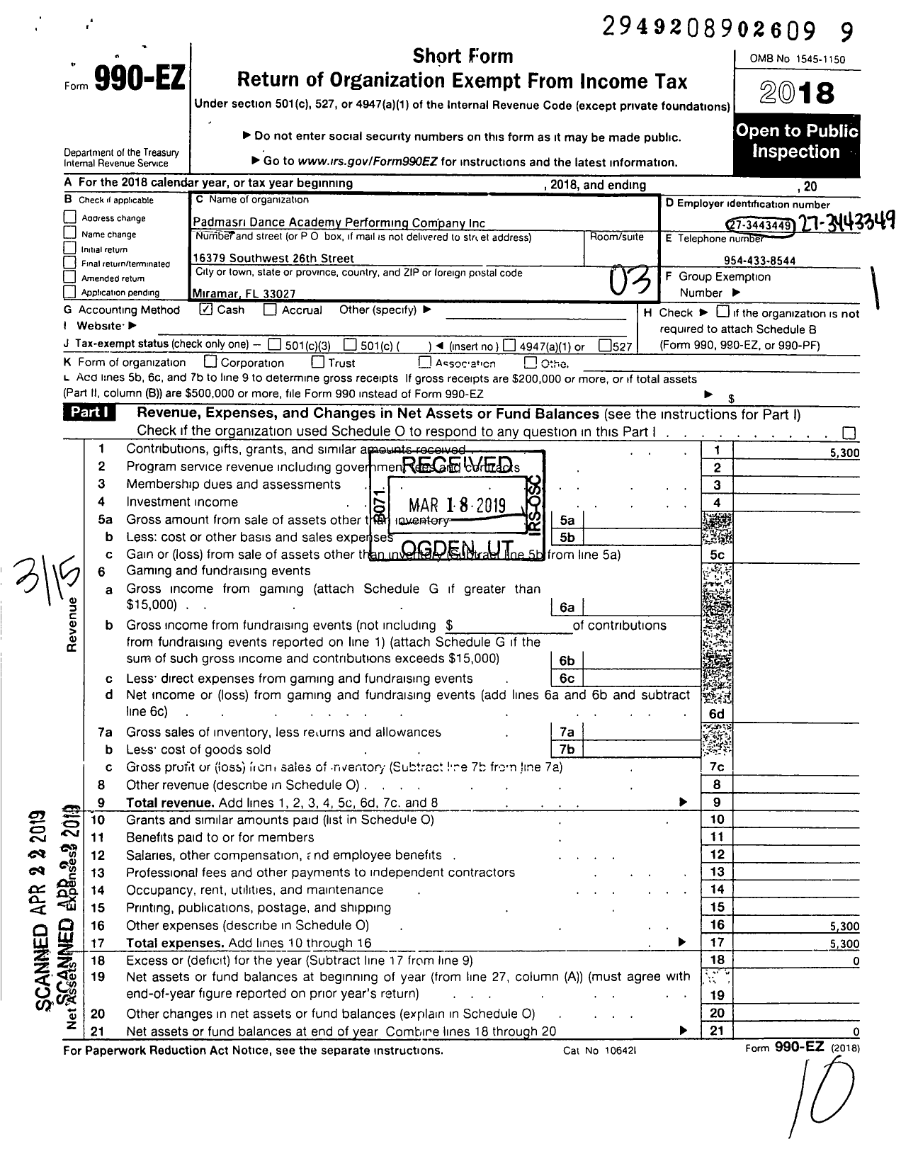 Image of first page of 2018 Form 990EZ for Padmasri Dance Academy Performing Company