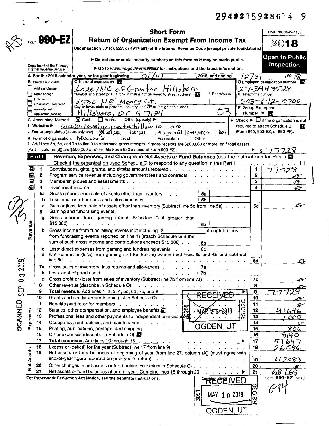 Image of first page of 2018 Form 990EZ for Love of Greater Hillsboro