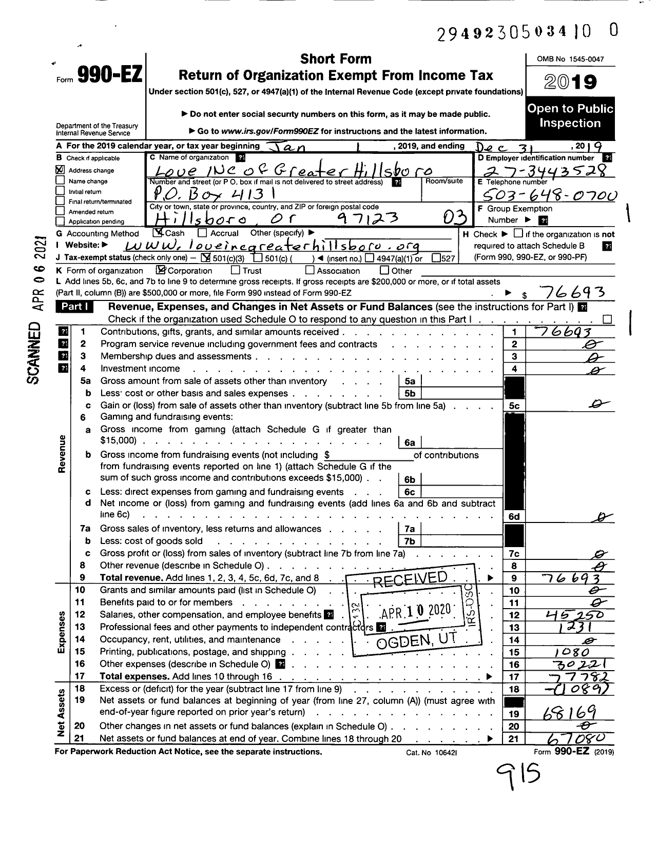 Image of first page of 2019 Form 990EZ for Love of Greater Hillsboro