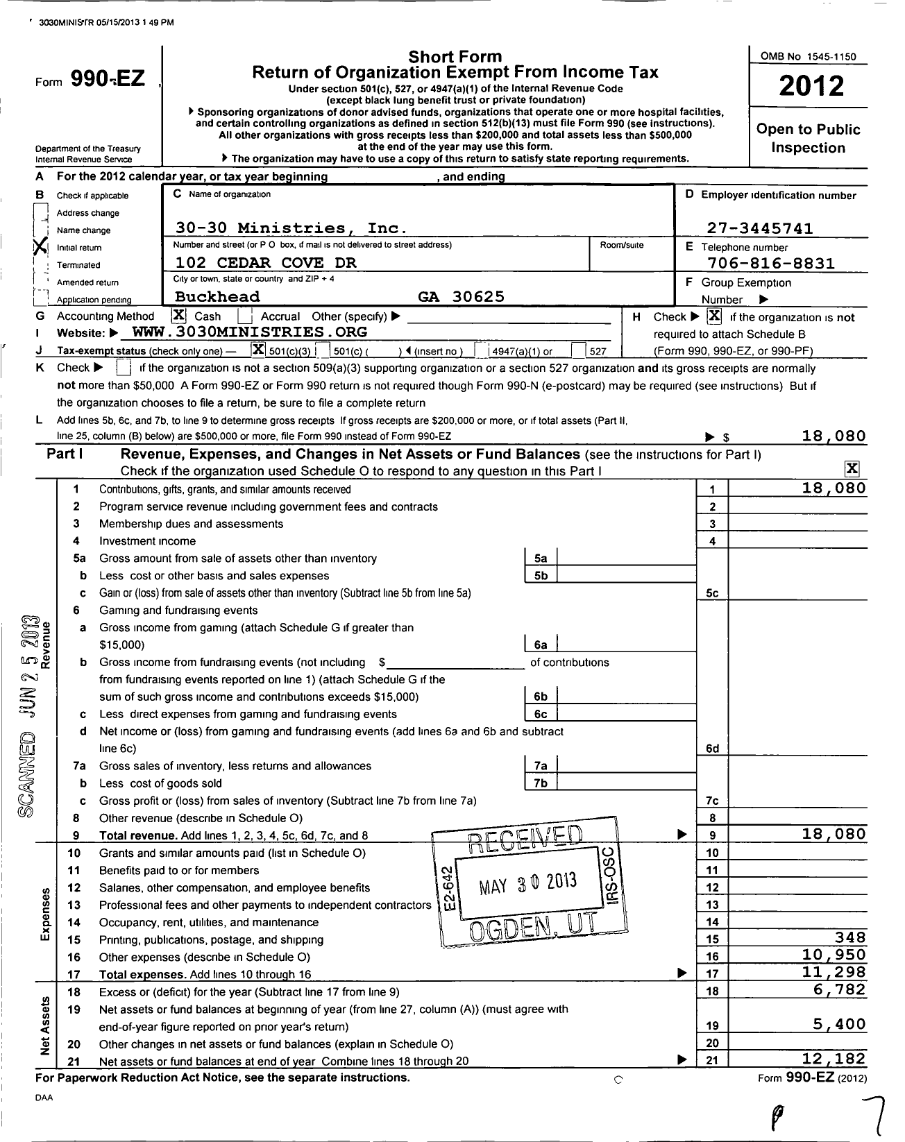 Image of first page of 2012 Form 990EZ for 30-30 Ministries