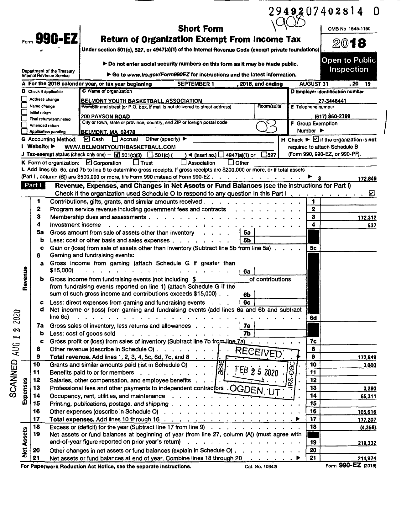 Image of first page of 2018 Form 990EZ for Belmont Youth Basketball Association