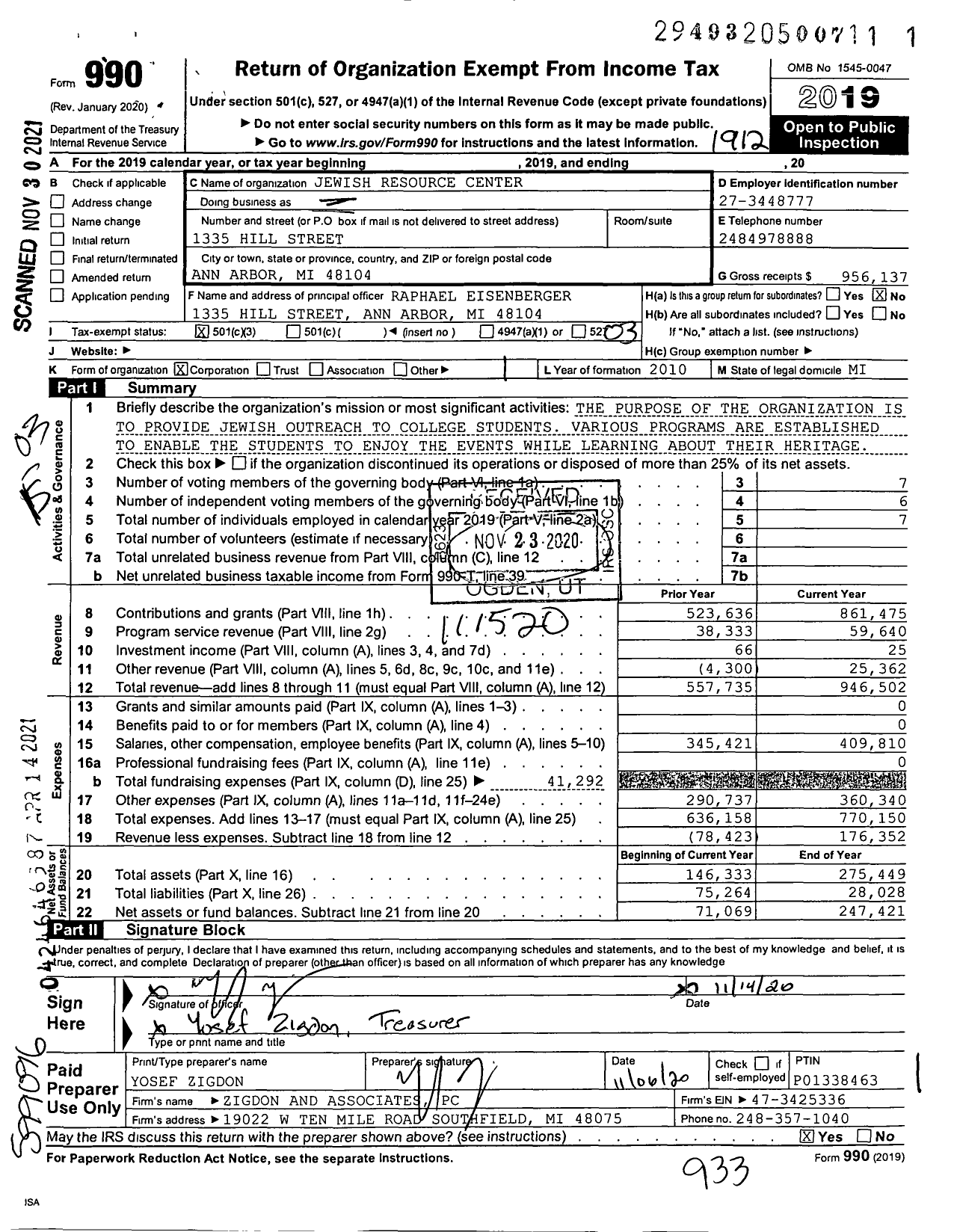 Image of first page of 2019 Form 990 for Jewish Resource Center
