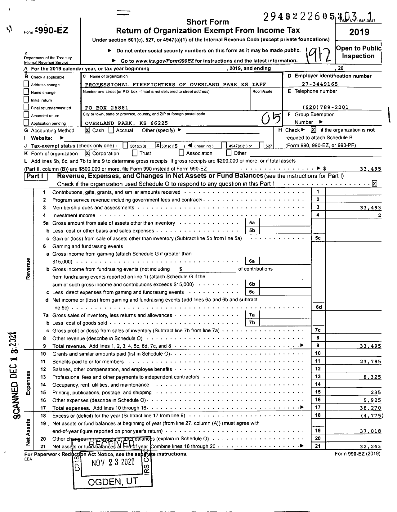 Image of first page of 2019 Form 990EO for Professional Firefighters of Overland Park KS Iaff