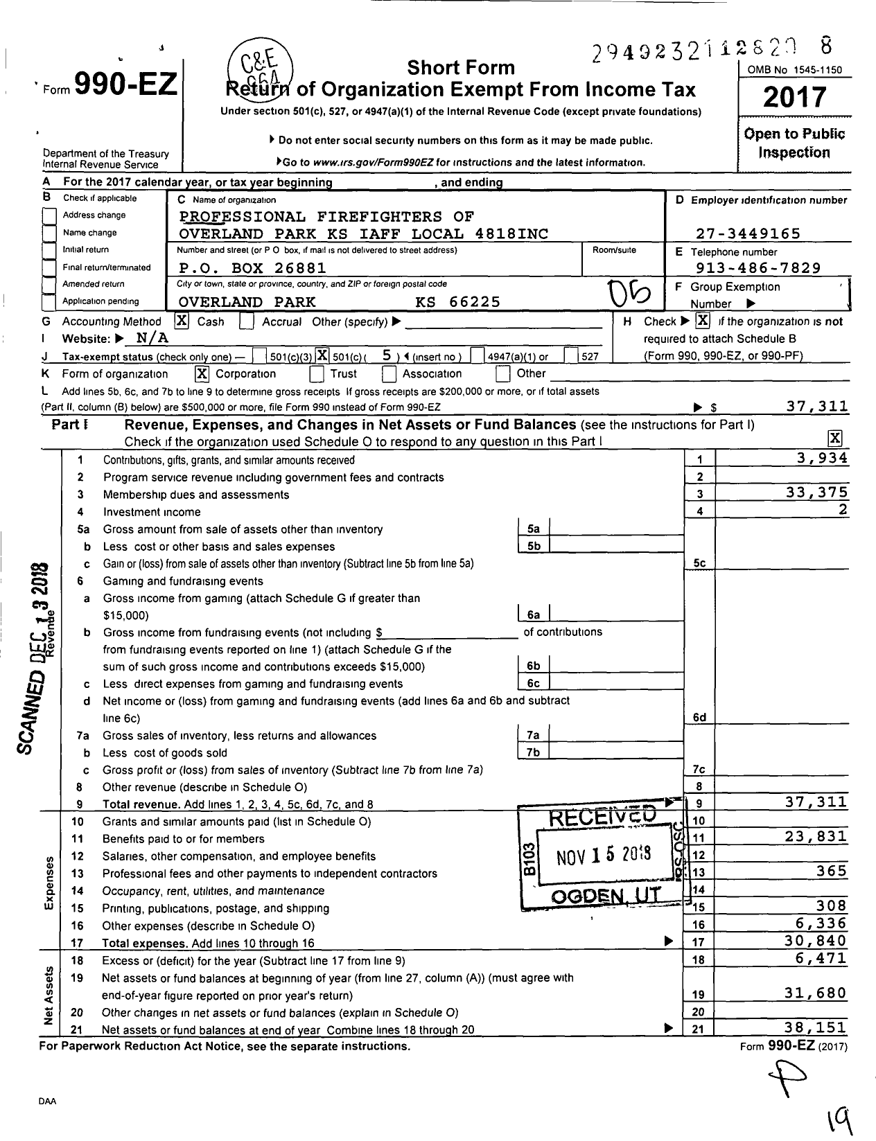 Image of first page of 2017 Form 990EO for Professional Firefighters of Overland Park KS Iaff