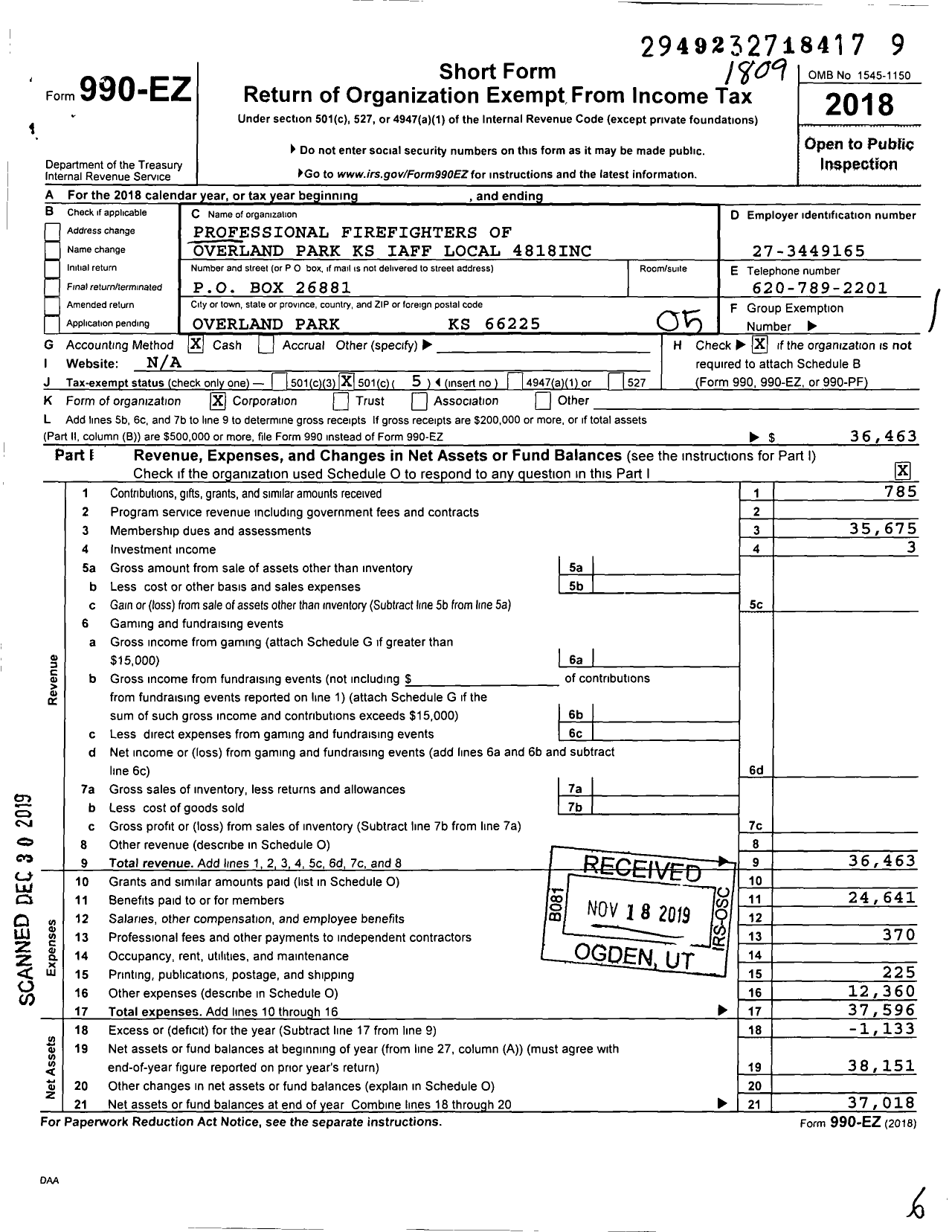 Image of first page of 2017 Form 990EO for Professional Firefighters of Overland Park KS Iaff