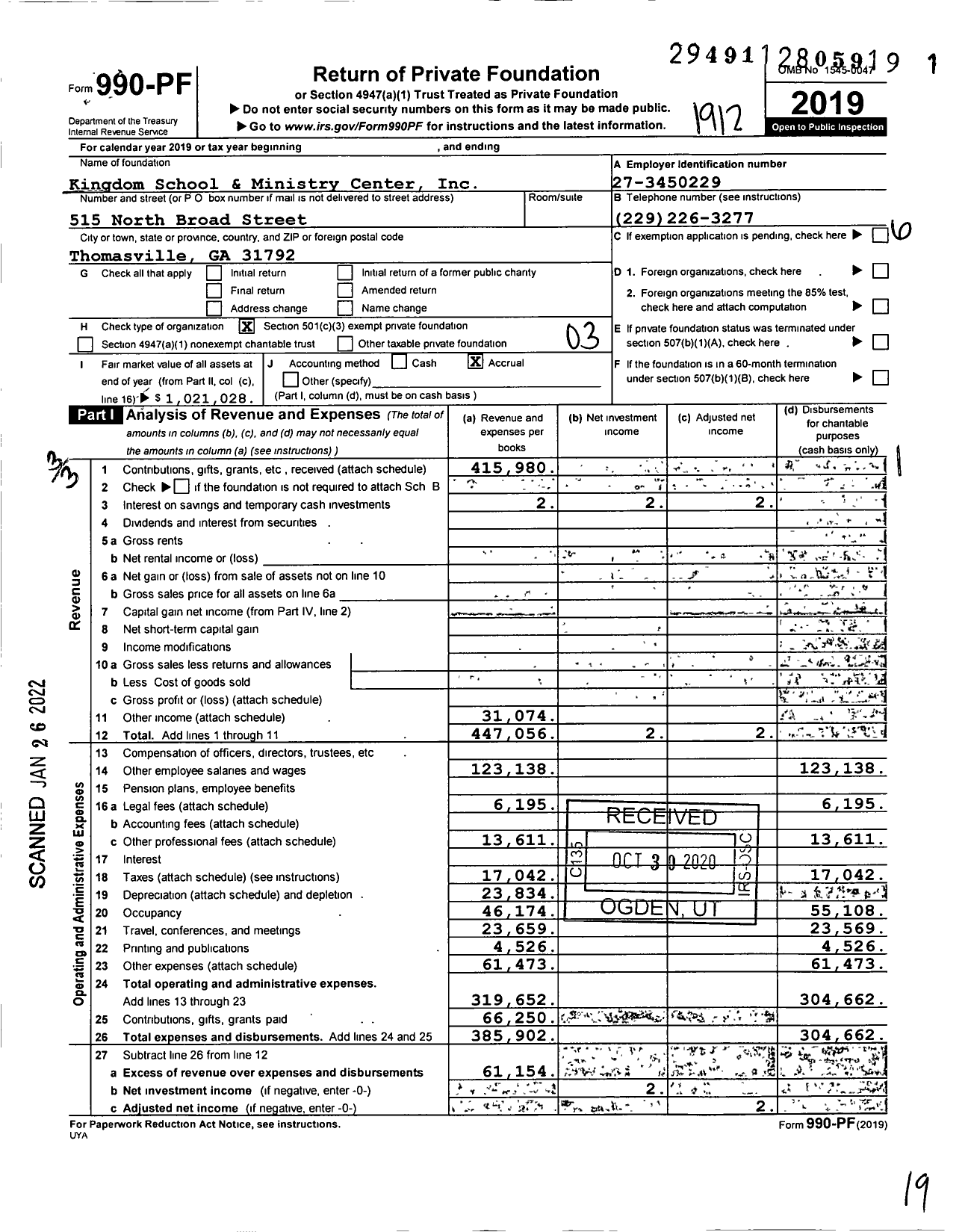 Image of first page of 2019 Form 990PF for Kingdom School and Ministry Center