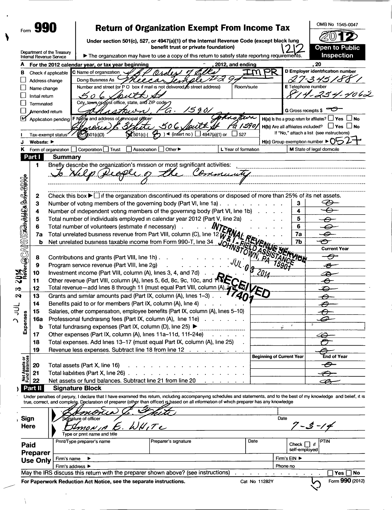 Image of first page of 2012 Form 990O for Improved Benevolent and Protective Order of Elks of the World - 294 Mecca Temple