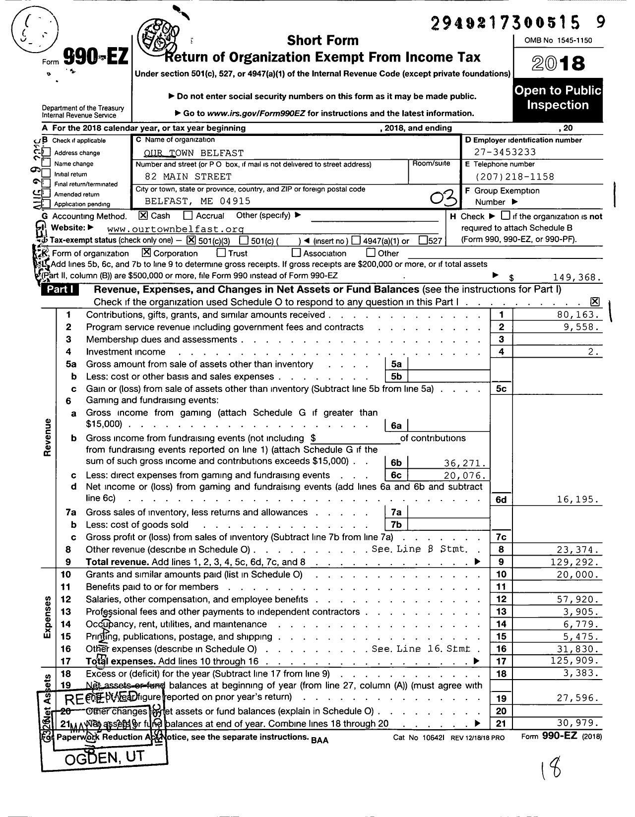 Image of first page of 2018 Form 990EZ for Our Town Belfast