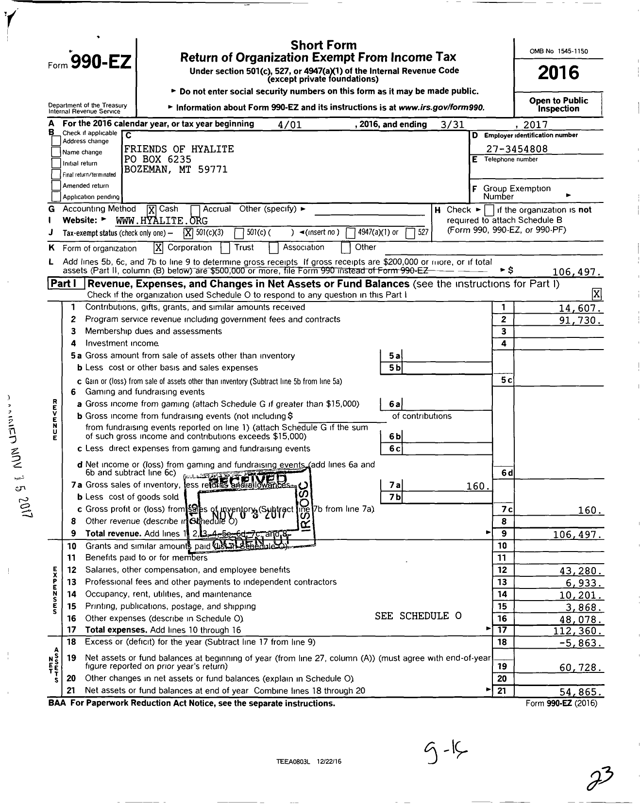 Image of first page of 2016 Form 990EZ for Friends of Hyalite