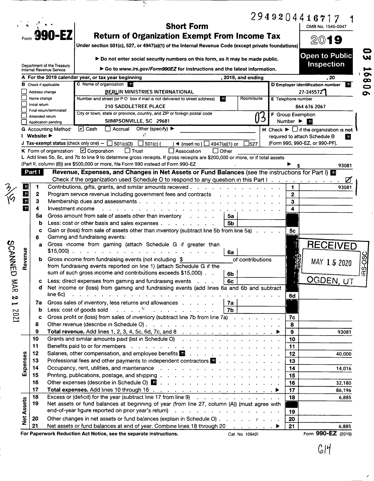 Image of first page of 2019 Form 990EZ for Berlin Ministries International