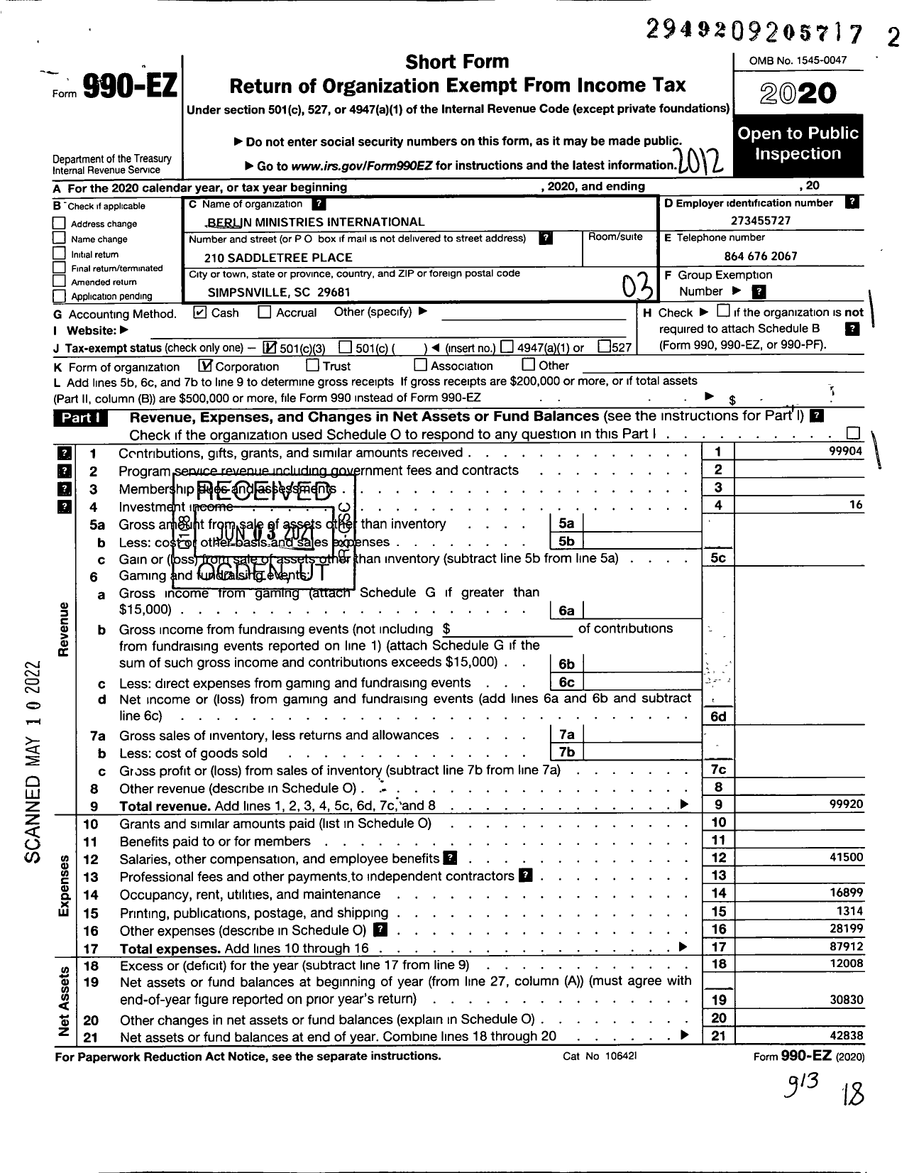 Image of first page of 2020 Form 990EZ for Berlin Ministries International