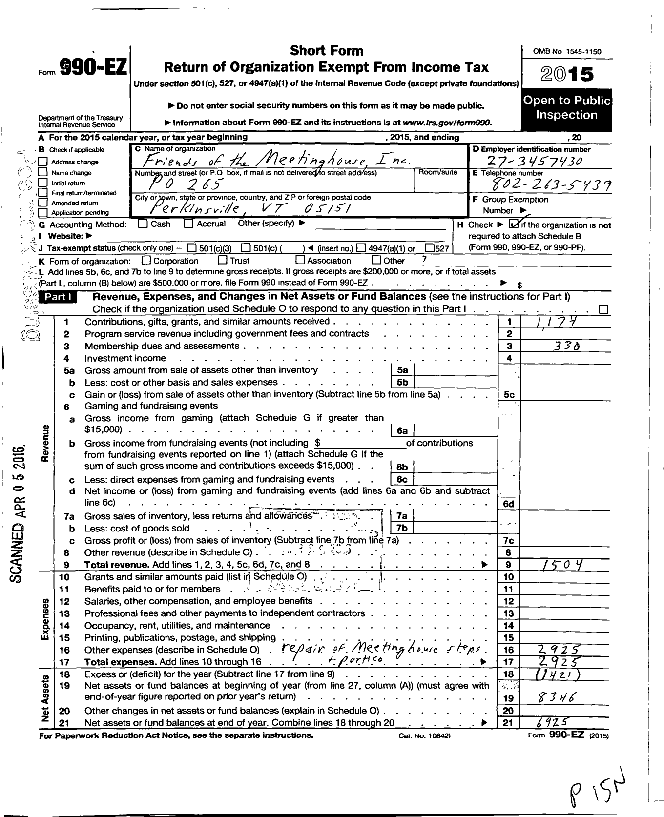Image of first page of 2015 Form 990EO for Friends of the Meetinghouse Incorporated