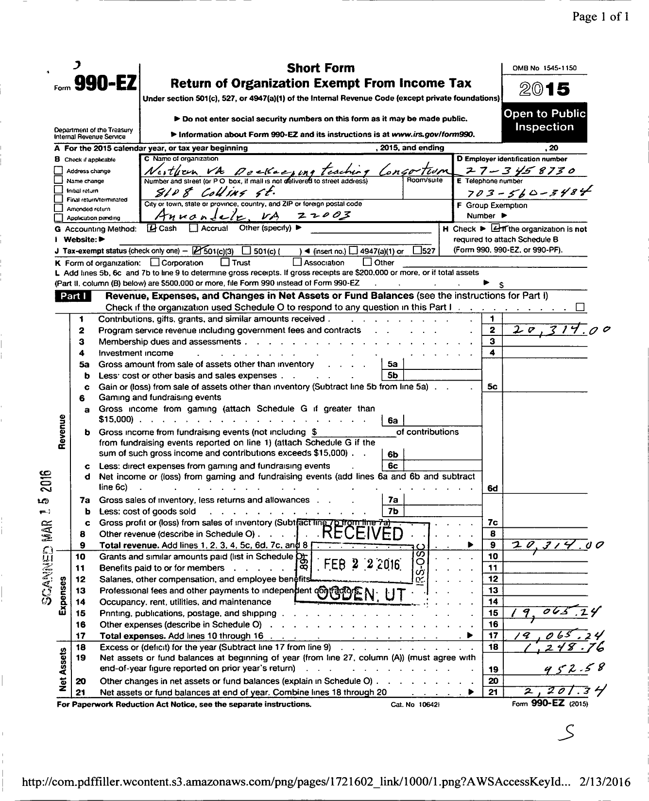 Image of first page of 2015 Form 990EZ for Northern Virginia Beekeeping Teachers Consortium