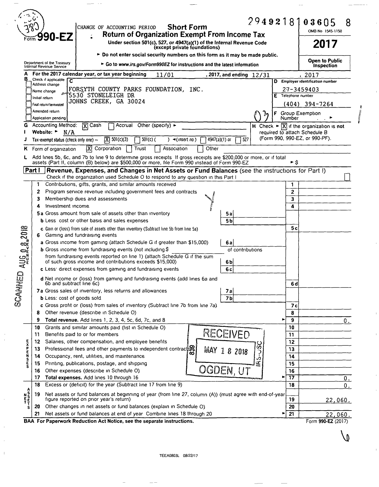 Image of first page of 2017 Form 990EZ for Forsyth County Parks Foundation