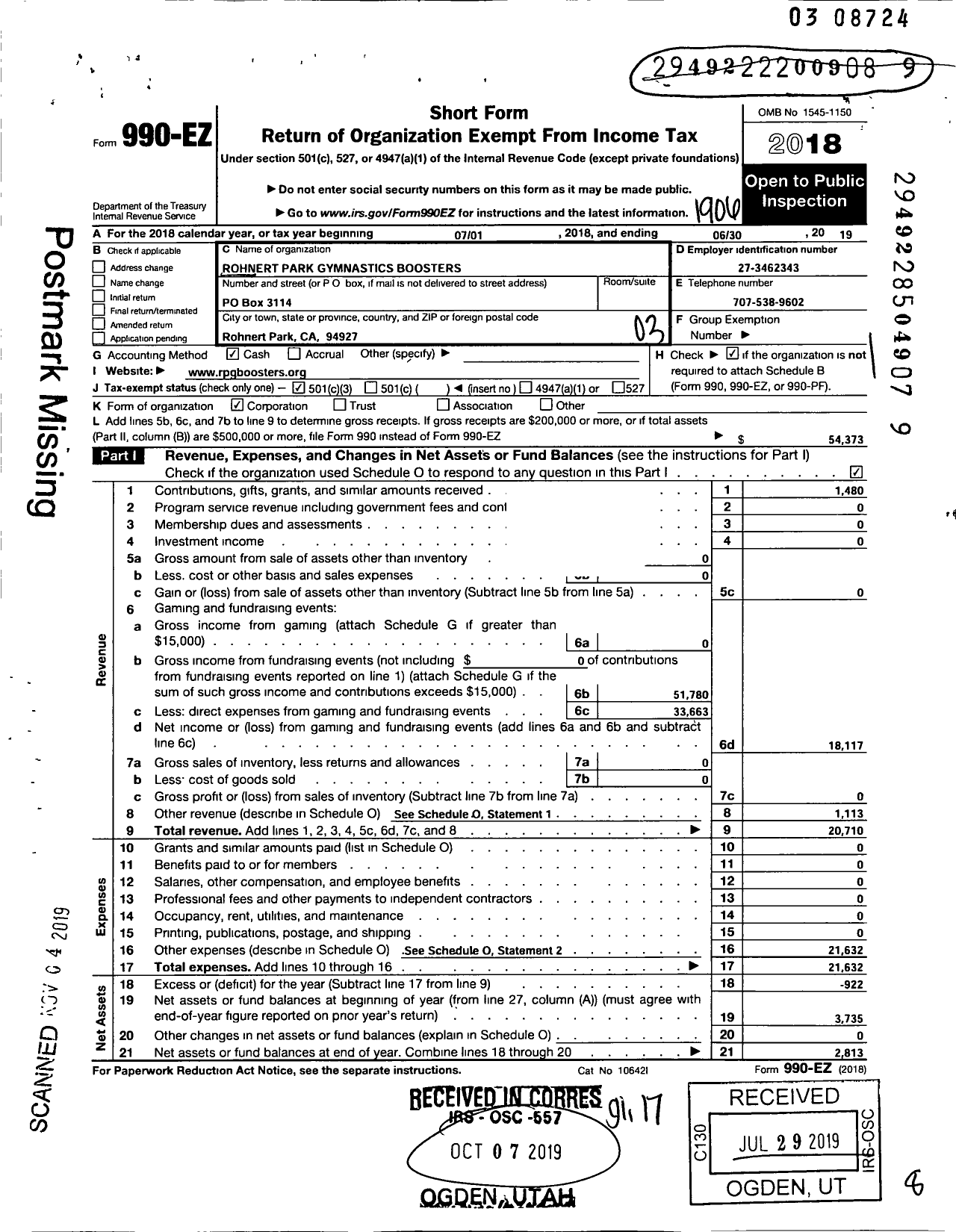 Image of first page of 2018 Form 990EZ for Rohnert Park Gymnastics Boosters