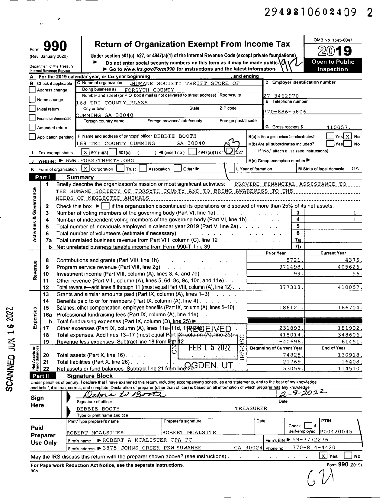 Image of first page of 2019 Form 990 for Humane Society Thrift Store of Forsyth County