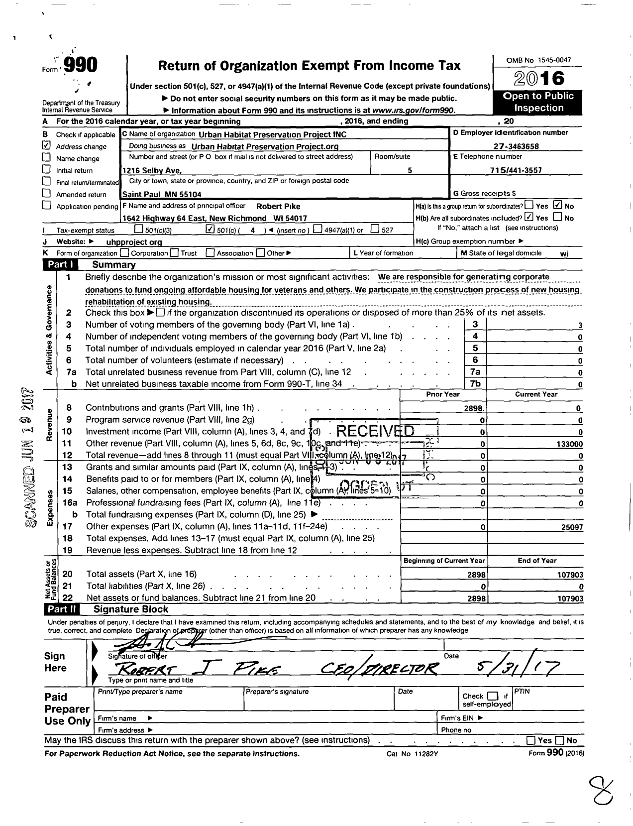 Image of first page of 2016 Form 990O for Urban Habitat Preservation Project