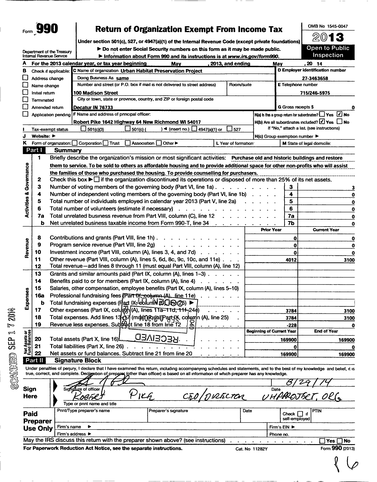 Image of first page of 2013 Form 990O for Urban Habitat Preservation Project