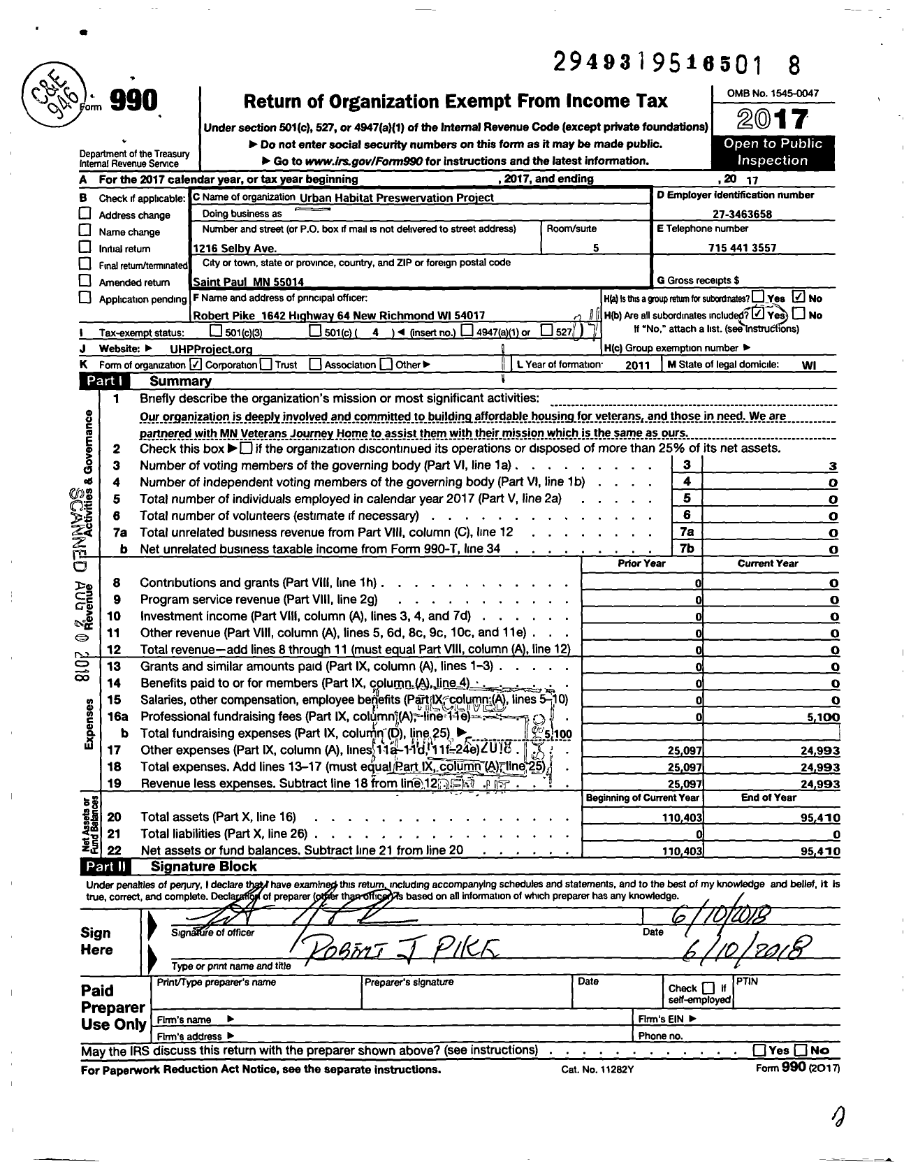 Image of first page of 2017 Form 990O for Urban Habitat Preservation Project