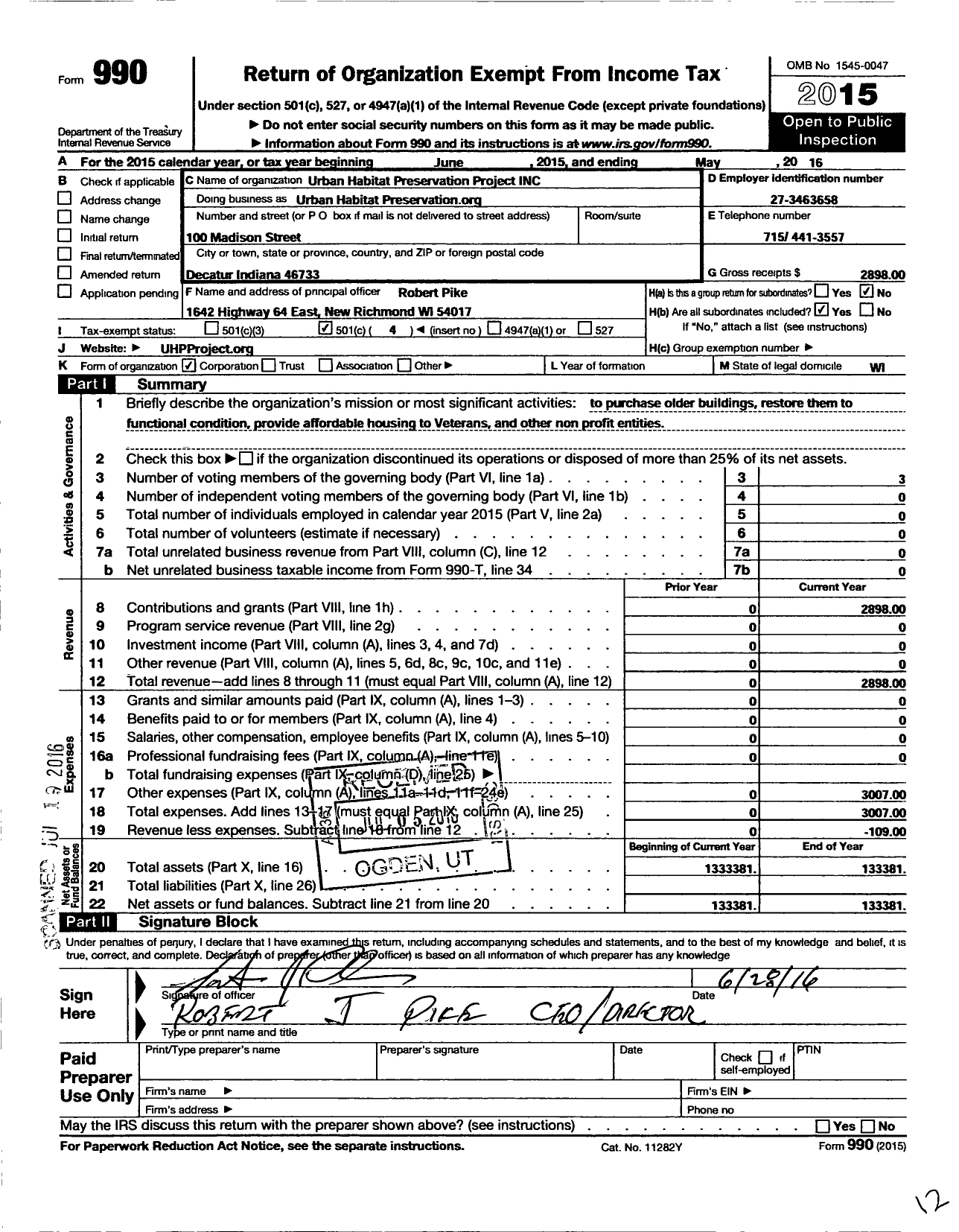 Image of first page of 2015 Form 990O for Urban Habitat Preservation Project