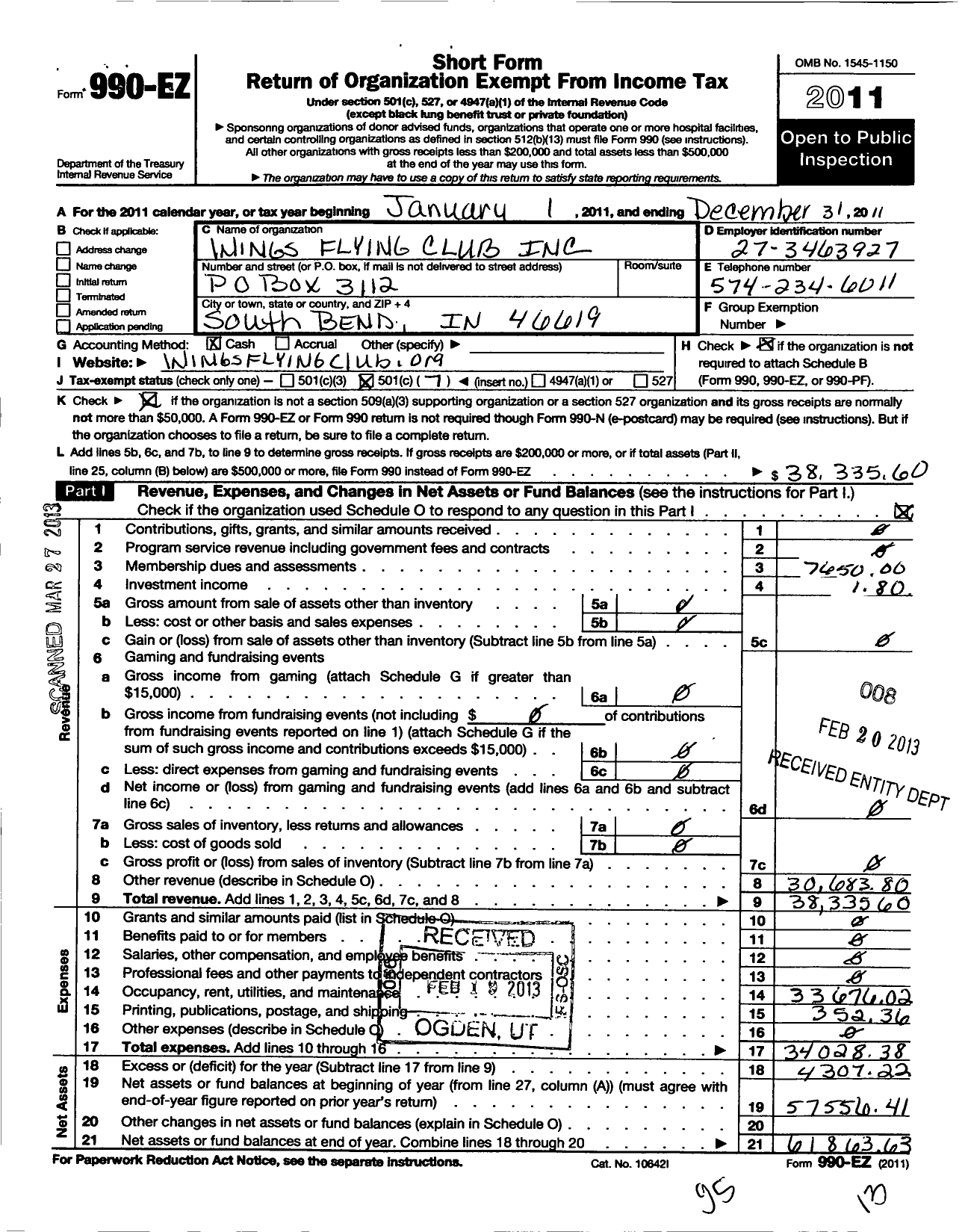 Image of first page of 2011 Form 990EO for Wings Flying Club