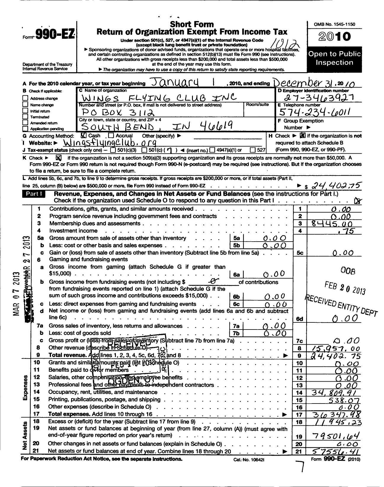 Image of first page of 2010 Form 990EO for Wings Flying Club