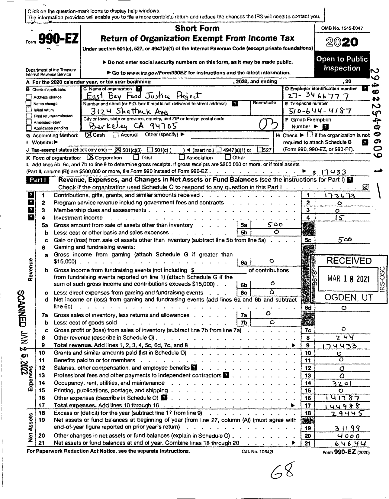 Image of first page of 2020 Form 990EZ for EAST BAY Food JUSTICE PROJECT EAST BAY Food Not Bombs