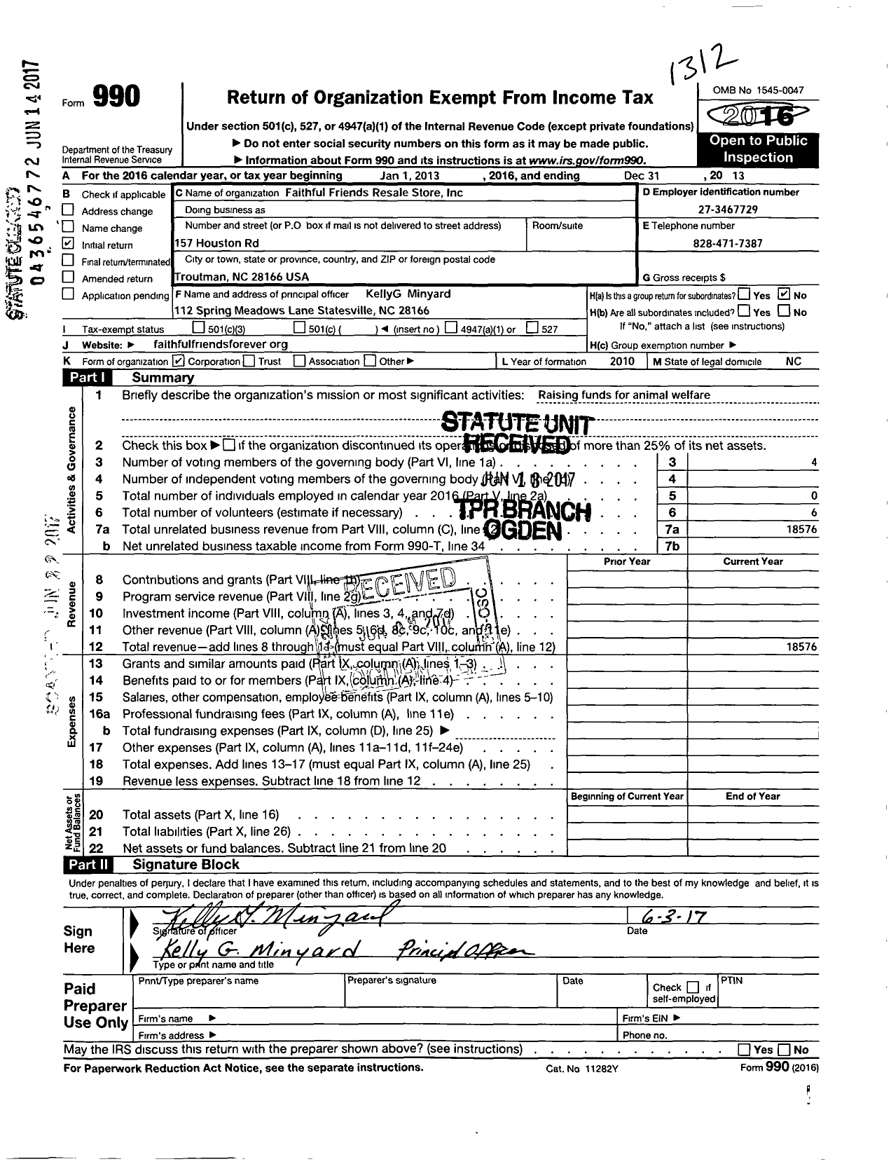 Image of first page of 2013 Form 990O for Faithful Friends Resale Store