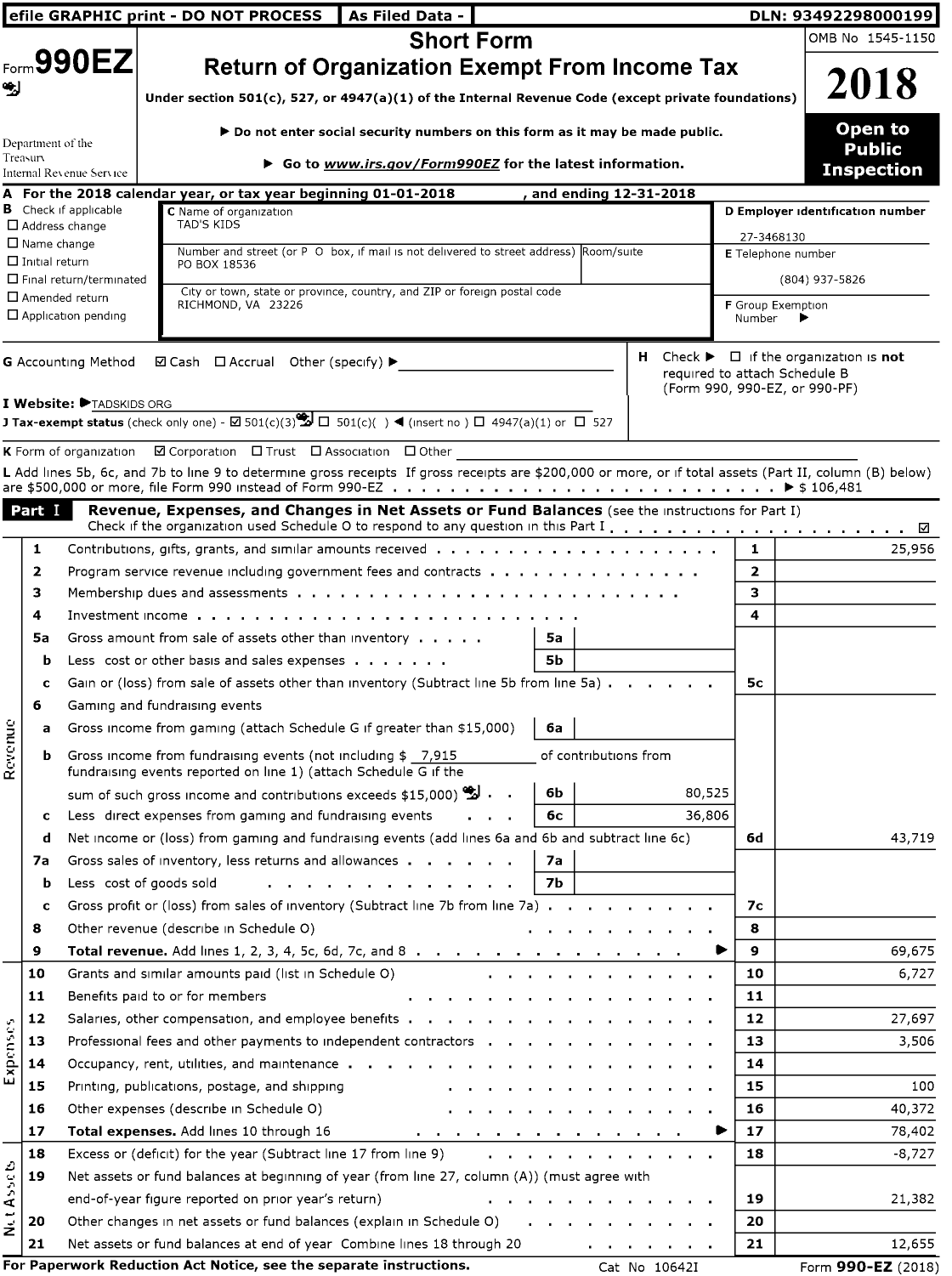 Image of first page of 2018 Form 990EZ for Tad's Kids