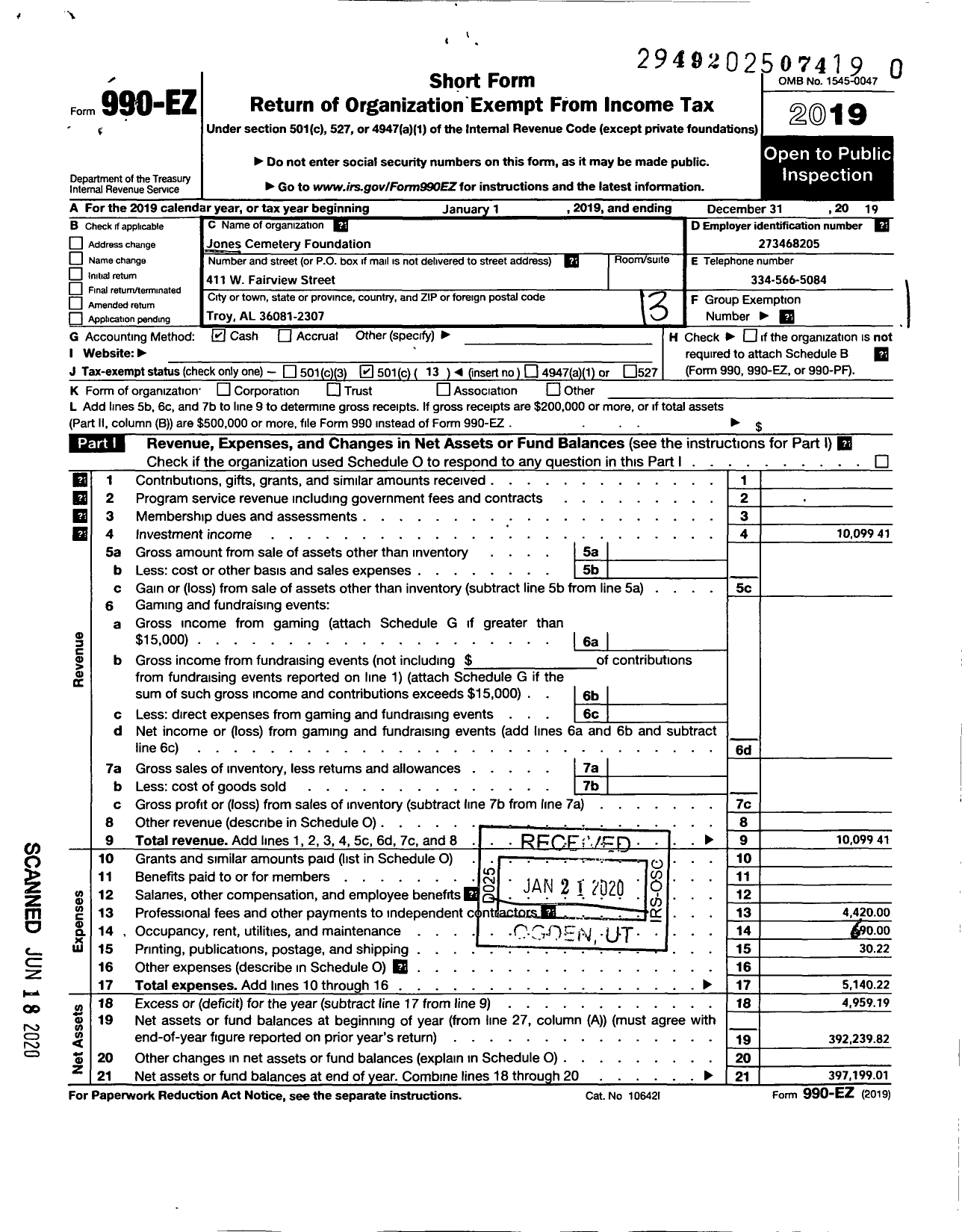 Image of first page of 2019 Form 990EO for Jones Cemetery Foundation