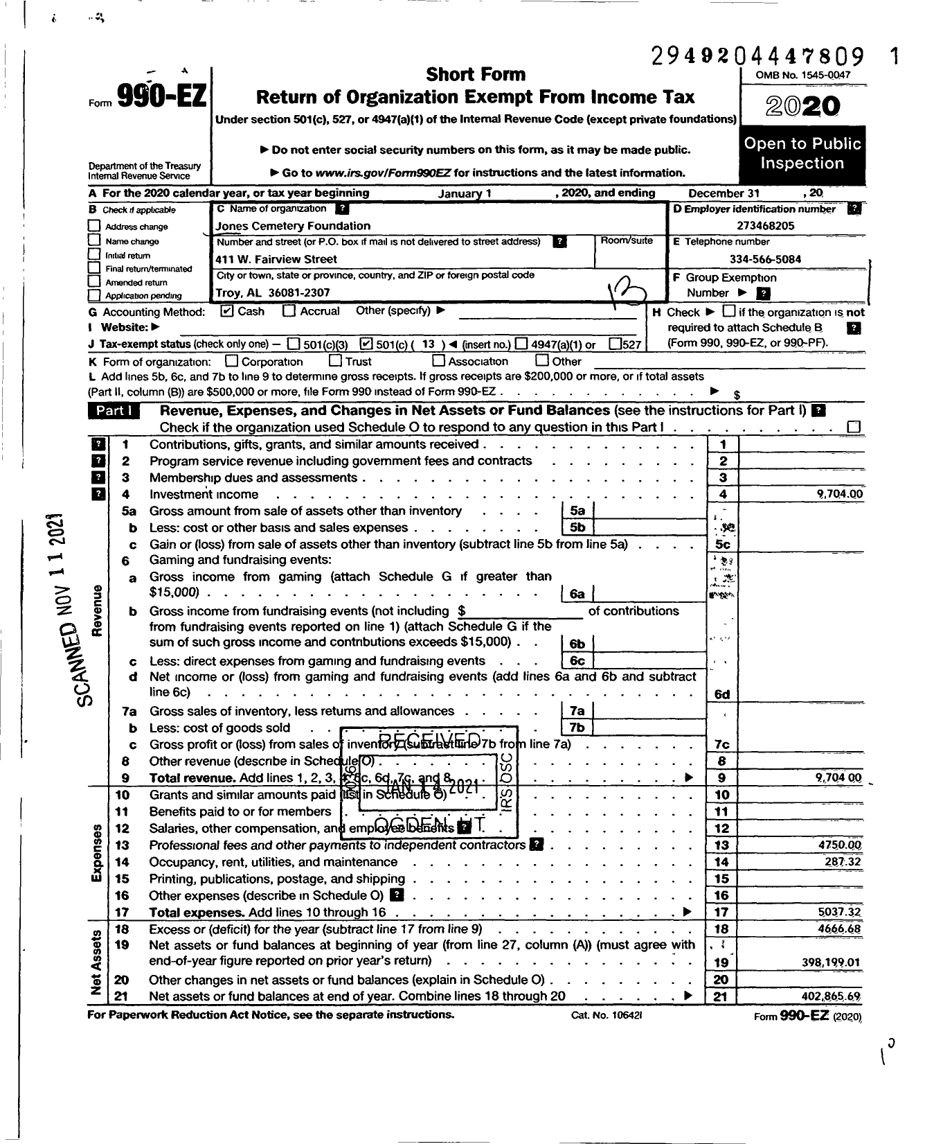 Image of first page of 2020 Form 990EO for Jones Cemetery Foundation