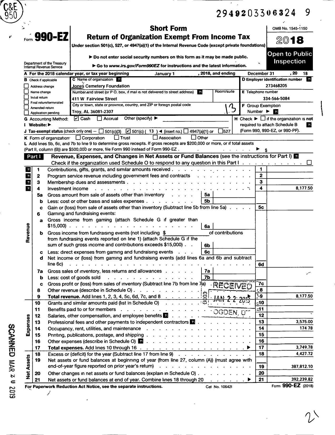 Image of first page of 2018 Form 990EO for Jones Cemetery Foundation