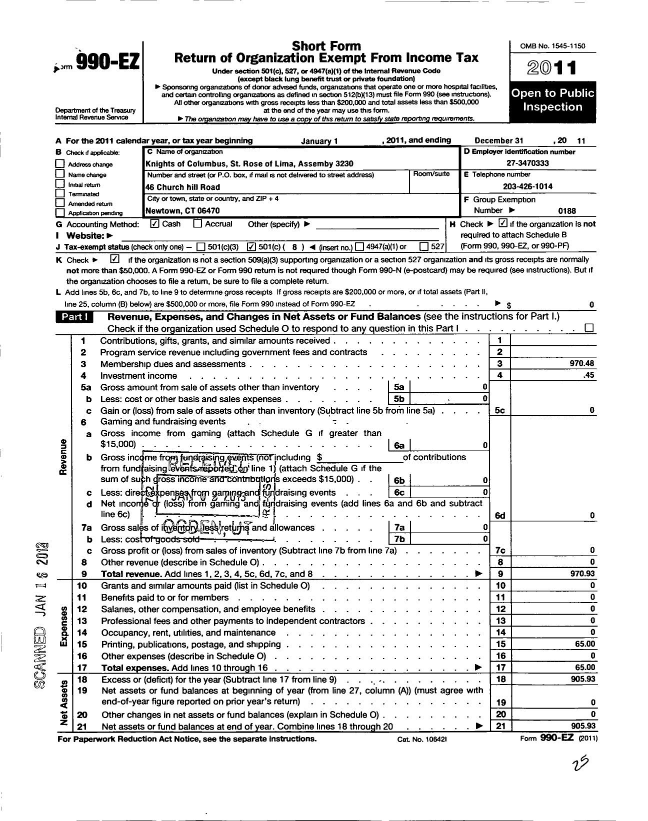 Image of first page of 2011 Form 990EO for Knights of Columbus - 3230 St Rose of Lima Assembly