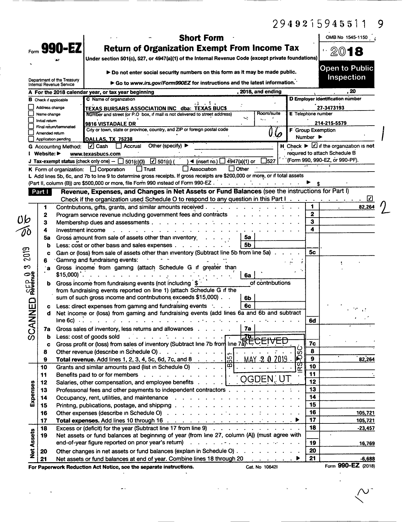 Image of first page of 2018 Form 990EO for Texas Buc