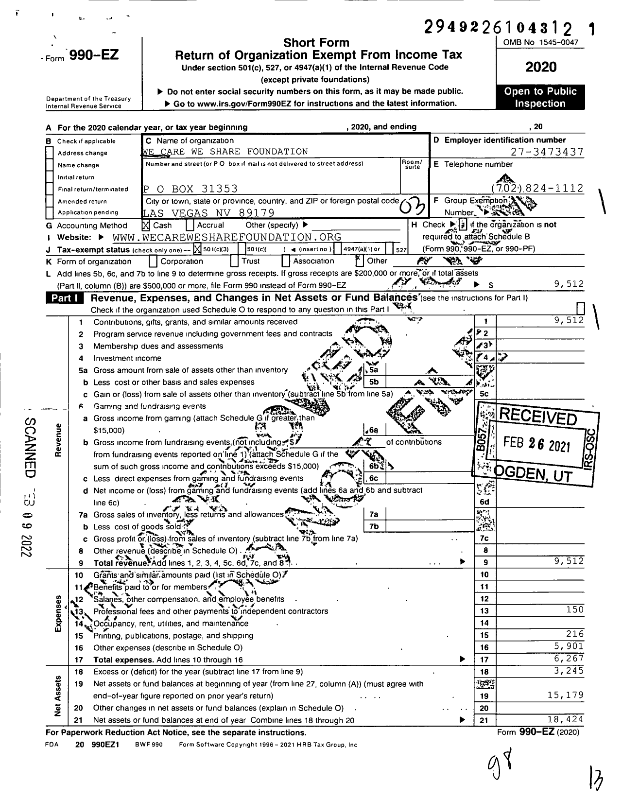 Image of first page of 2020 Form 990EZ for We Care We Share Foundation